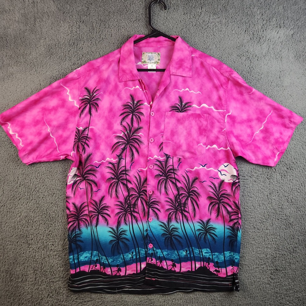 Blue Gear Shirt Mens Medium Short Sleeve Hawiian Palm Tree Casual Resort Beach